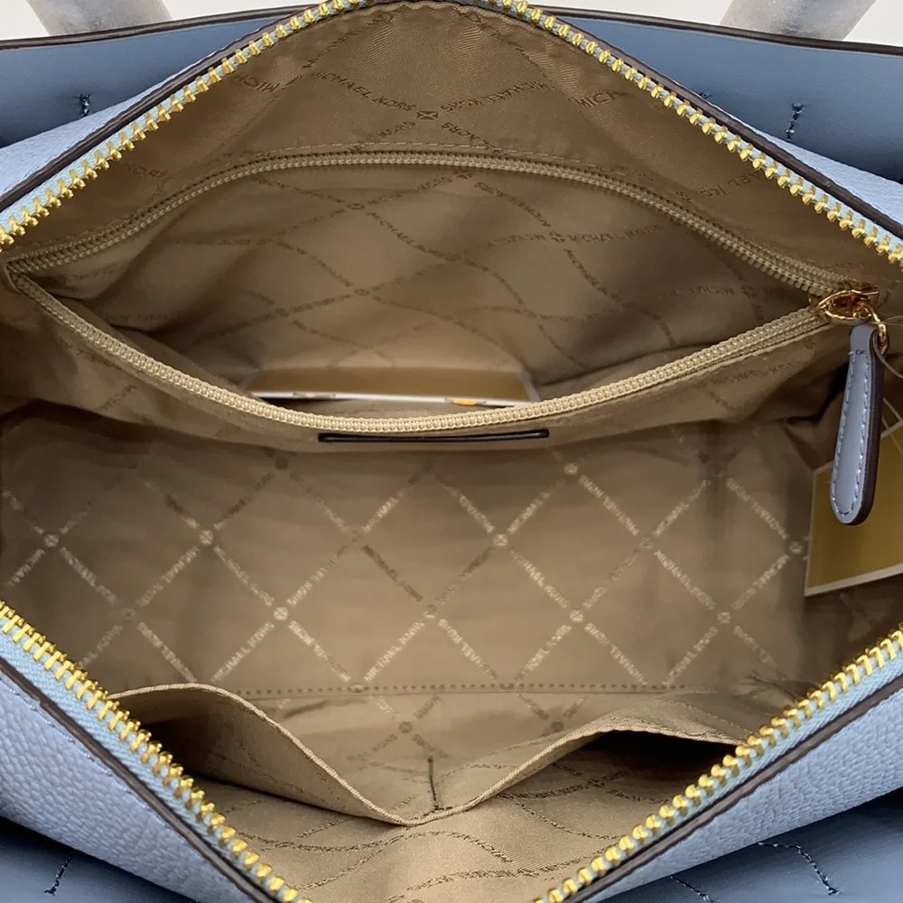 MICHAEL KORS MERCER MEDIUM TOP ZIP BELTED SATCHEL BROWN/ PALE BLUE SIGNATURE - Picture 13 of 16